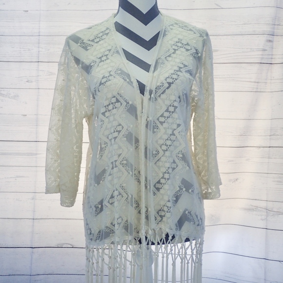 mm mm mm Tops - Fringe Kimono Ivory Small Fringe Hem by MM Small